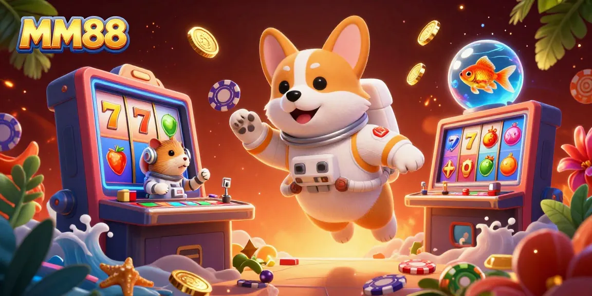 Win big with MM88 in a vibrant casino scene featuring a floating corgi and dazzling elements.