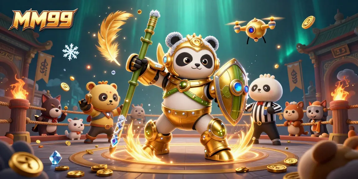 Experience thrilling gameplay at MM99 with a mech-suit panda and bamboo robot in a vibrant casino setting.