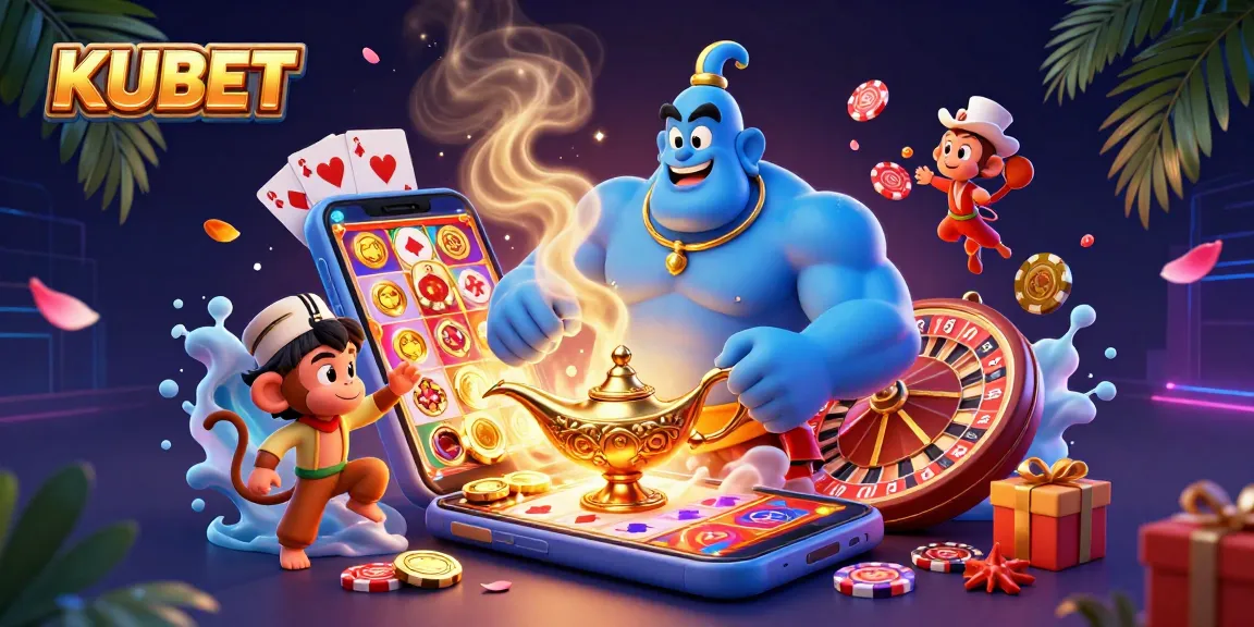 KUBET offers thrilling gaming experiences in a vibrant scene with a genie and poker chips.