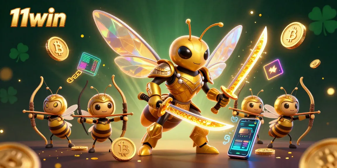 Engage with 11win’s vibrant 3D casino scene showcasing crypto elements alongside playful cartoon characters.