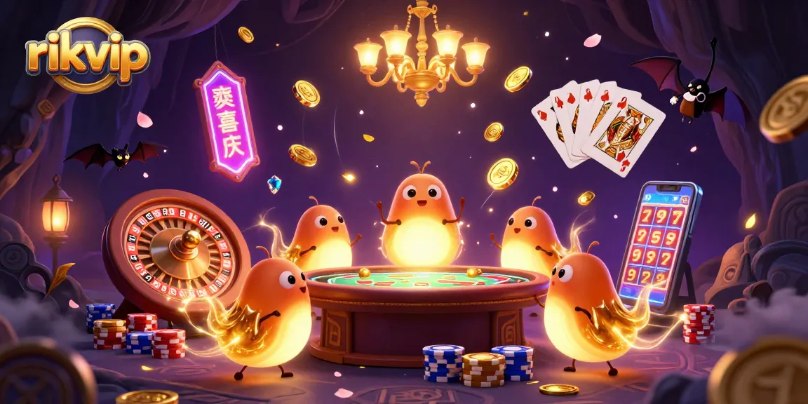 Engage with rikvip's vibrant casino environment featuring glowworms and a bat dealer.