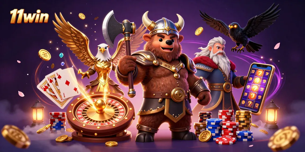 Experience the thrill of 11win with a vibrant Viking casino scene showcasing epic characters and dynamic gaming elements.