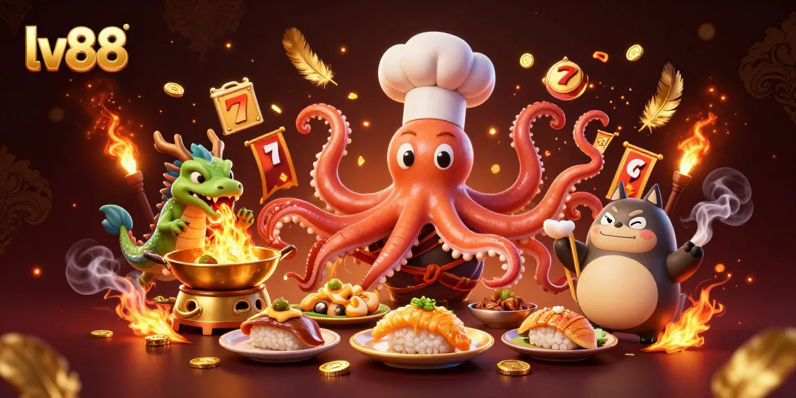 lv88 casino scene with sushi chef octopus, dragon, and tanuki amidst gold coins and jackpot elements