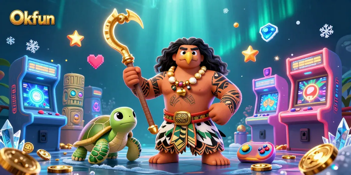 Experience exciting adventure with Okfun's stunning 3D illustration featuring games and casino elements!