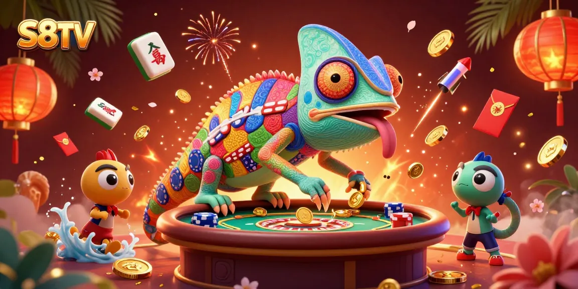 S8TV captivates with a vibrant scene showcasing a chameleon casino owner amid dynamic gambling elements.