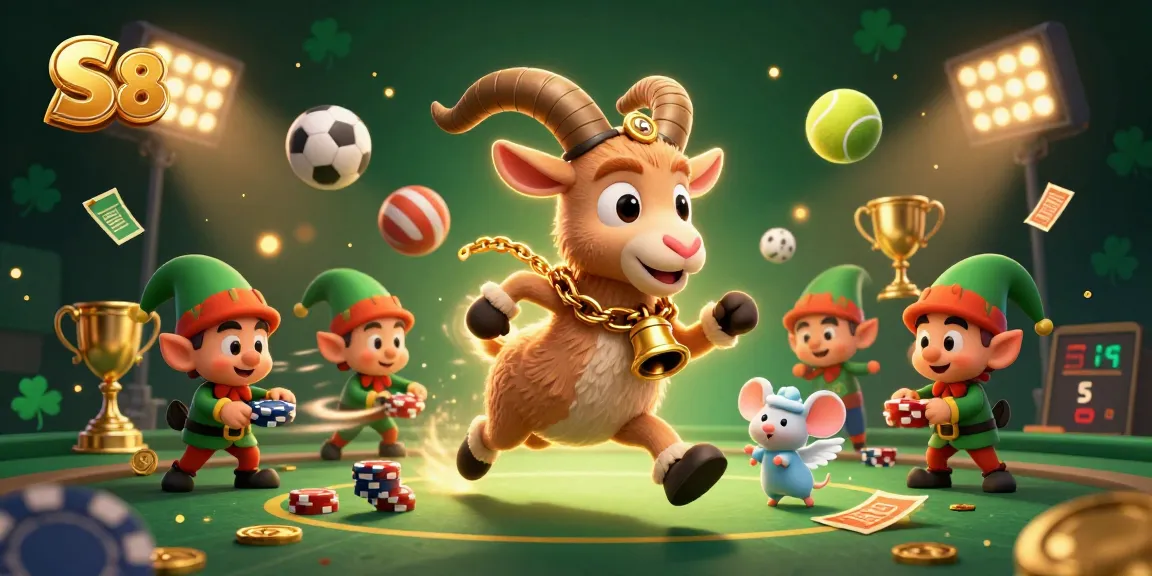 S8 casino scene with Krampus goat managing games, while gremlins steal chips in a vibrant, festive atmosphere.