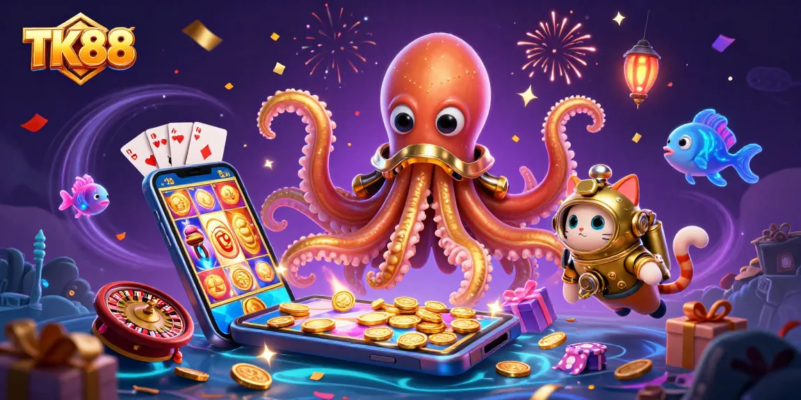 Play slots and win with TK88, featuring a kraken, diving cat, and colorful game elements.