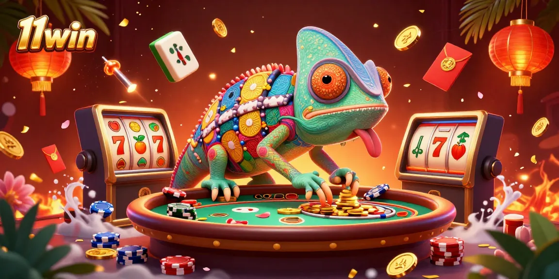 Join the vibrant action at 11win casino with a colorful chameleon and lively game elements.