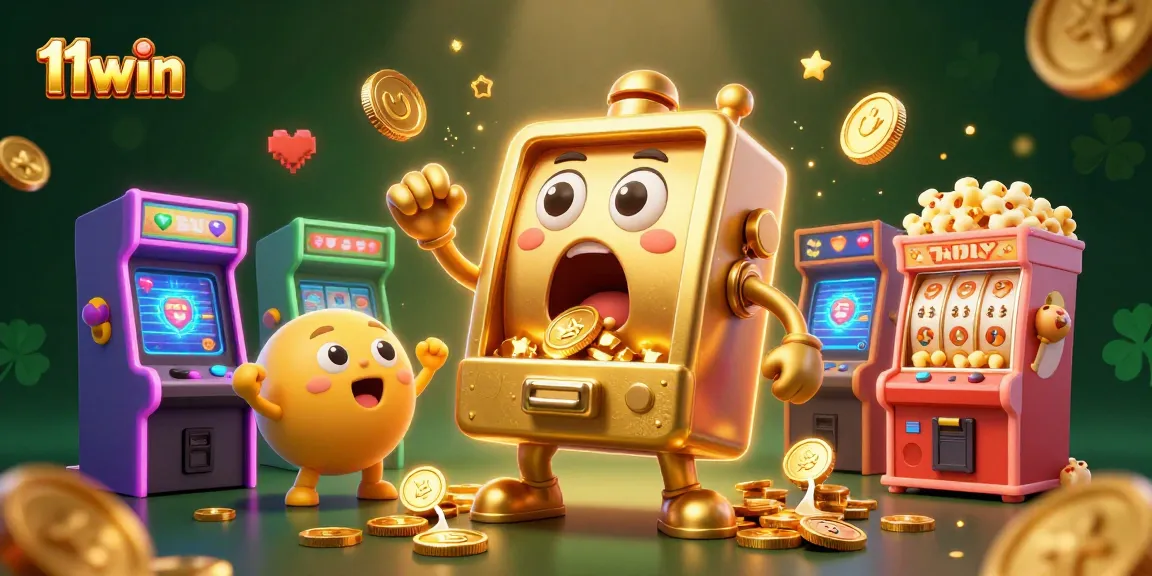 11win slot machine hitting jackpot, coins spilling, surrounded by arcade games and golden elements