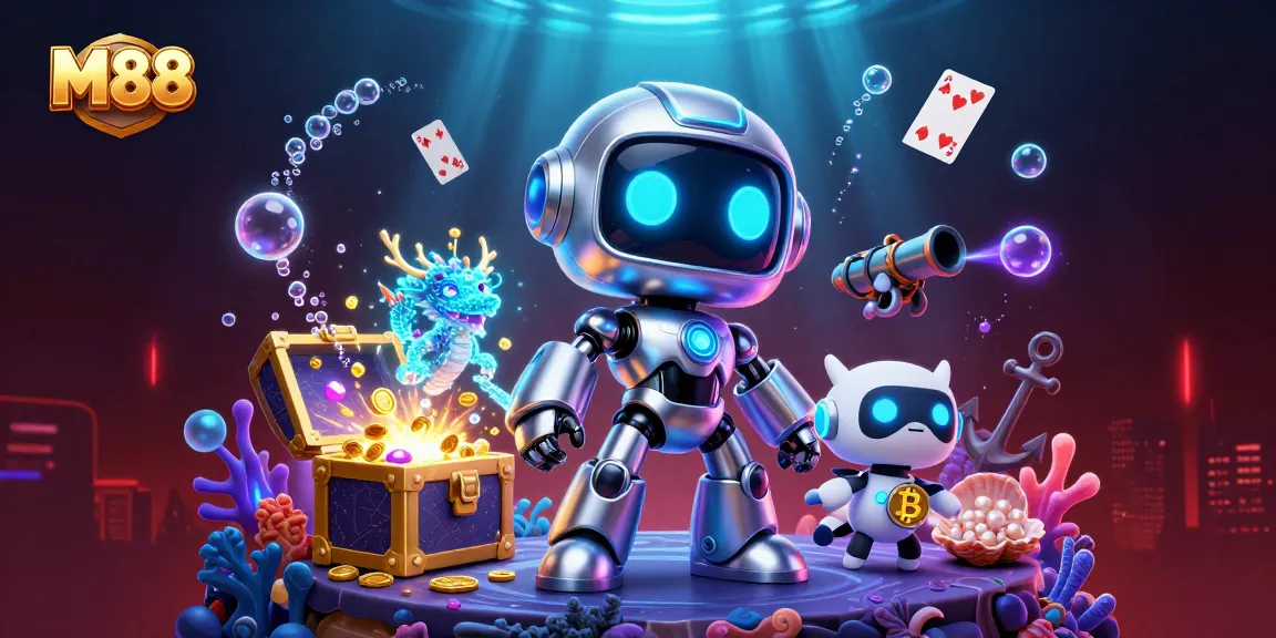 M88 vibrantly promotes online betting with a dynamic scene featuring futuristic mascot characters and casino elements.