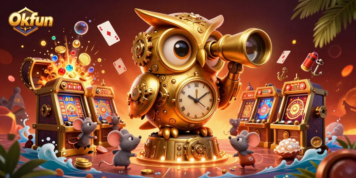 Okfun's captivating gaming environment features a whimsical clockwork owl observing slot machines and wind-up mice.