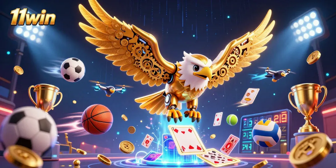 Experience thrilling gameplay at 11win with a dynamic illustration of a golden eagle diving through holographic cards.