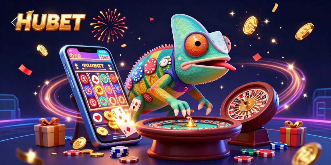 Experience HUBET with vibrant 3D chameleon casino owner amidst colorful slot games and poker elements.