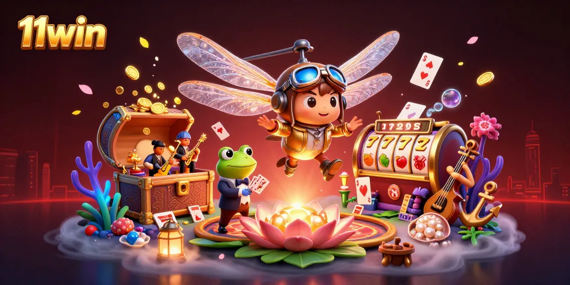 Experience thrilling games with 11win at a vibrant lily pad casino scene featuring unique characters.
