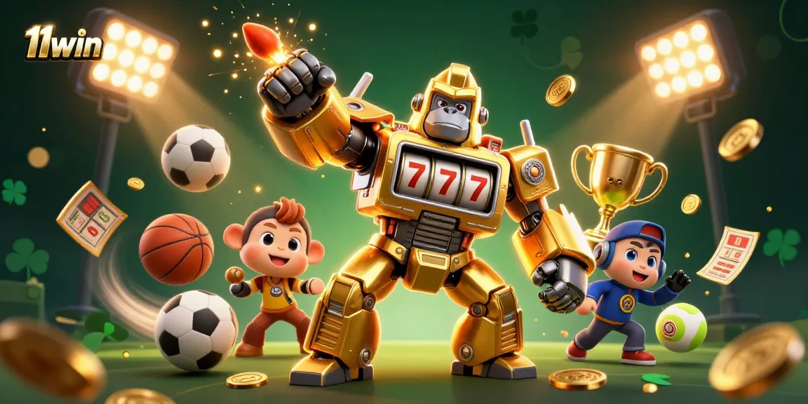 Experience the excitement of 11win with dynamic gaming action featuring a golden gorilla mech and flying sports balls.