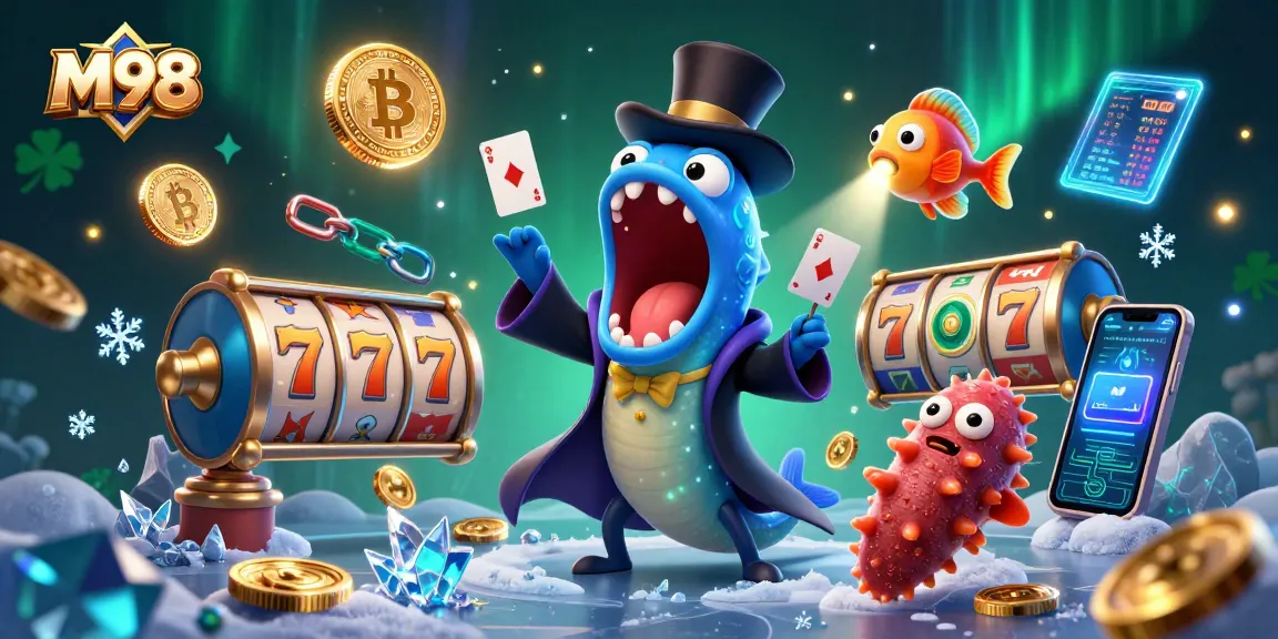 M98 casino games come alive with an eel magician and vibrant slot reels in this dynamic illustration.